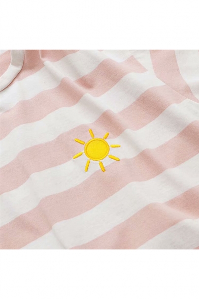 Cloud Sun Moon Embroidered Round Neck Short Sleeve Striped Tee