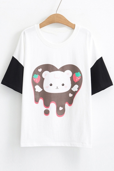 Color Block Cat Strawberry Printed Round Neck Short Sleeve Tee