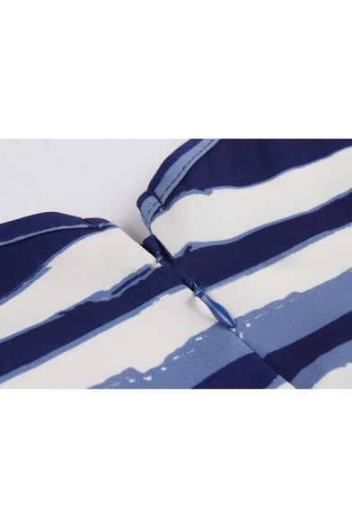Color Block Striped Star Printed V Neck Sleeveless Midi A-Line Dress
