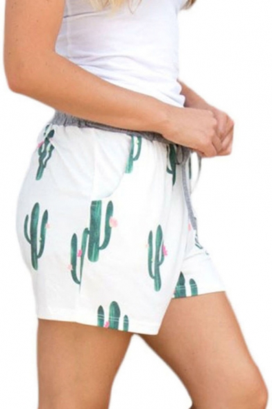 Drawstring Waist Cactus Printed Leisure Shorts