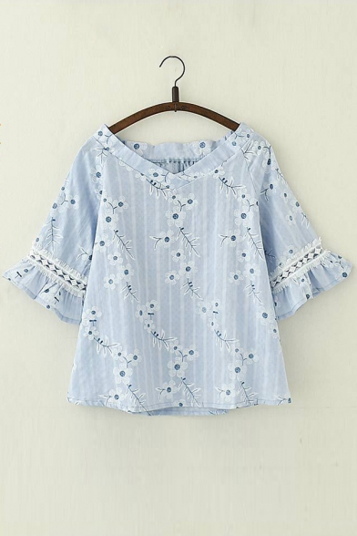 Floral Printed V Neck Short Sleeve Hollow Out Detail Blouse