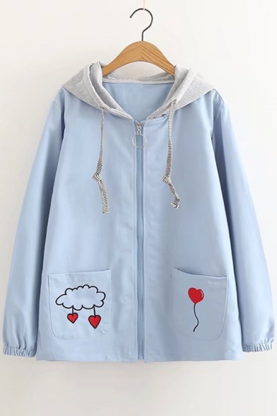 Heart Balloon Embroidered Long Sleeve Zip Up Hooded Coat