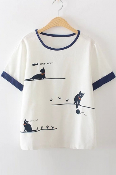 LOVELY CAT Letter Contrast Trim Cat Printed Round Neck Short Sleeve Tee