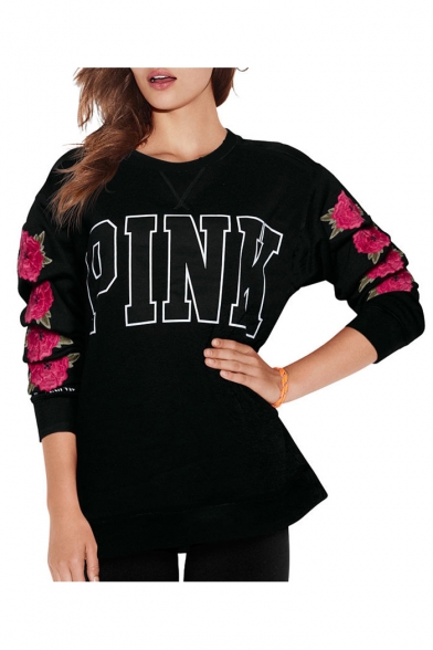 Round Neck Letter Floral Printed Long Sleeve Sweatshirt