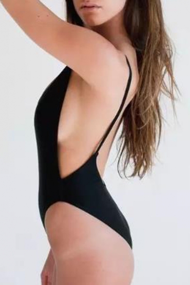 Sexy Plain Open Back Spaghetti Straps Sleeveless One Piece Swimwear