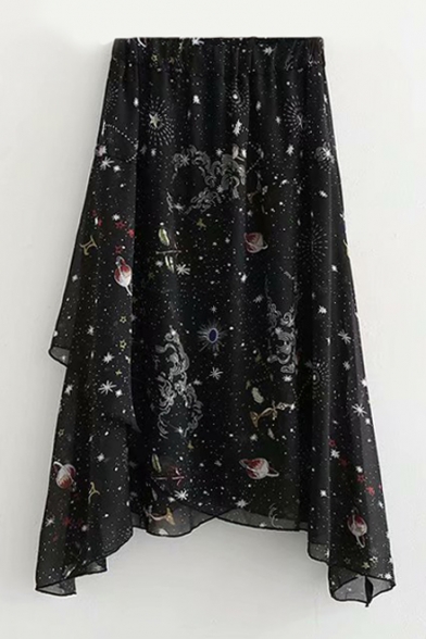 Star Planet Printed Elastic Waist Maxi Asymmetric Hem Skirt