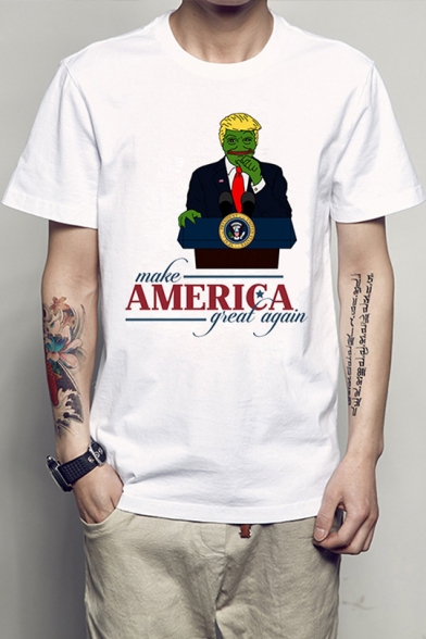 AMERICA Letter Character Printed Round Neck Short Sleeve Tee