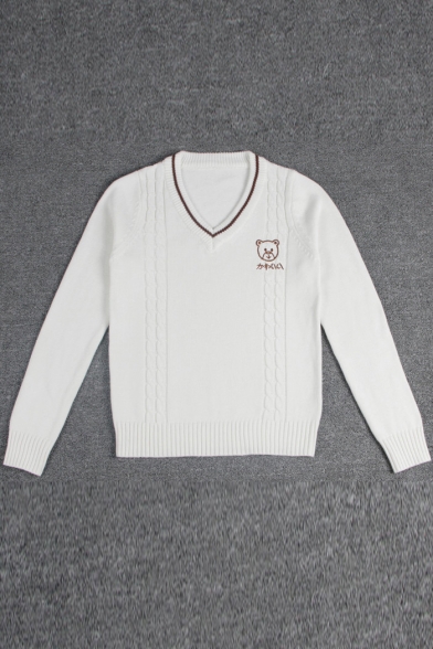Bear Japanese Embroidered V Neck Long Sleeve Sweater
