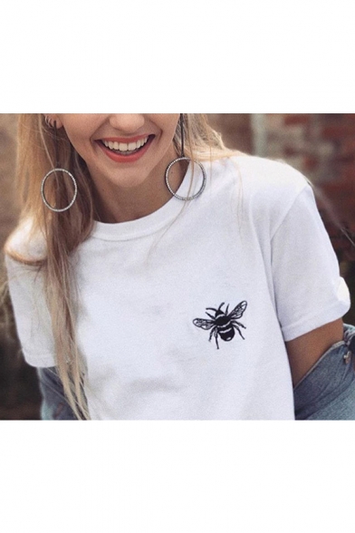 Bee Embroidered Round Neck Short Sleeve Tee