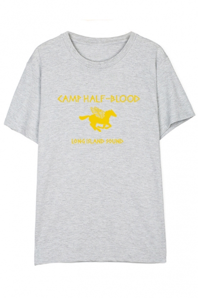 CAMP HALF BLOOD Letter Horse Printed Round Neck Short Sleeve Tee