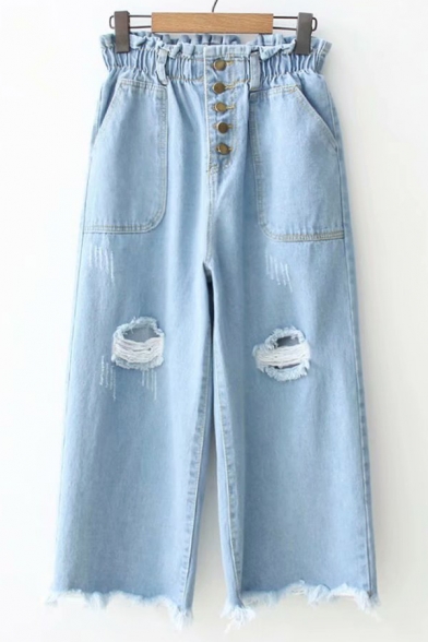 Elastic Waist Buttons Fly Cut Out Detail Fringe Hem Wide Leg Jeans