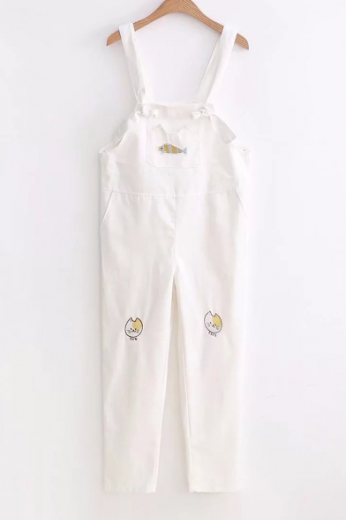 Fish Cat Embroidered Straps Sleeveless Overall Jumpsuit