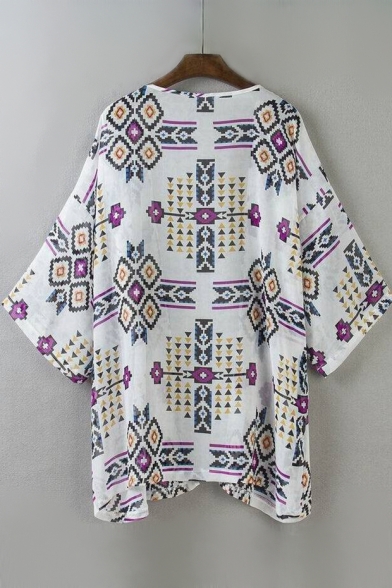 Geometric Printed Collarless 3/4 Length Sleeve Kimono