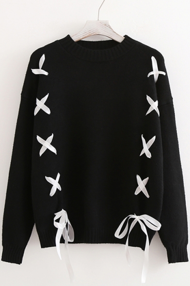 Lace Up Embellished Round Neck Long Sleeve Sweater
