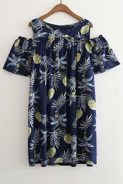 Leaf Pineapple Printed Round Neck Cold Shoulder Mini A-Line Dress