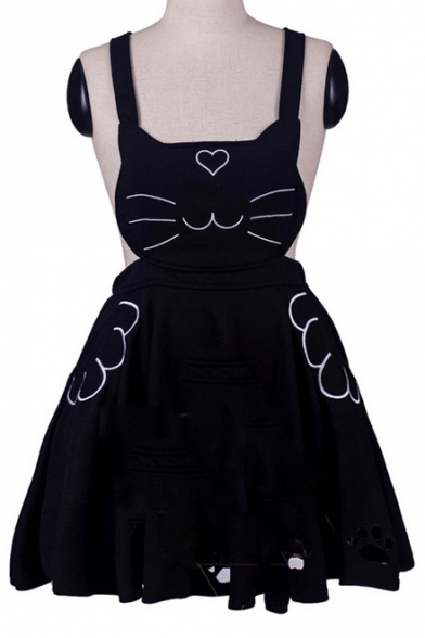 Lovely Cat Embroidered Hollow Out Detail Mini Overall Dress