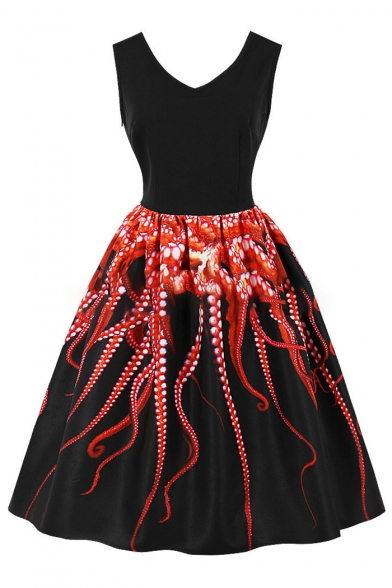 Octopus Printed V Neck Sleeveless Midi A-Line Dress