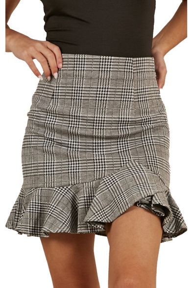 Plaid Printed High Waist Ruffle Detail Mini Asymmetric Skirt