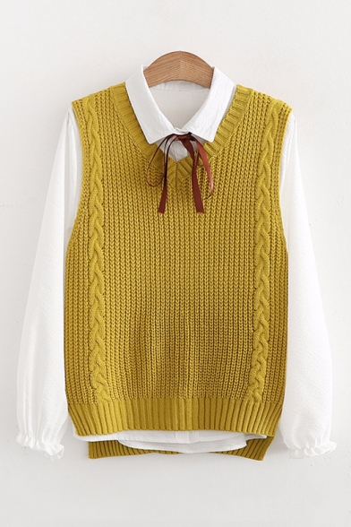 Two Pieces V Neck Sleeveless Vest Sweater with Lapel Collar Long Sleeve Buttons Down Plain Shirt