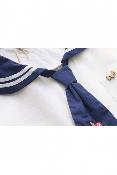 Cat Embroidered Tie Contrast Navy Collar Short Sleeve Mini A-Line Dress