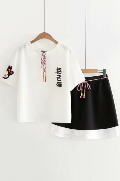 Cat Japanese Printed Round Neck Short Sleeve Tee with Color Block Mini A-Line Skirt Co-ords