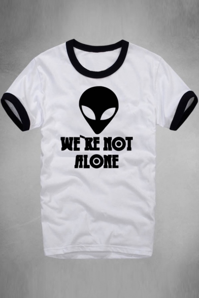 Contrast Trim Alien WE ARE NOT ALONE Letter Printed Round Neck Short Sleeve Tee