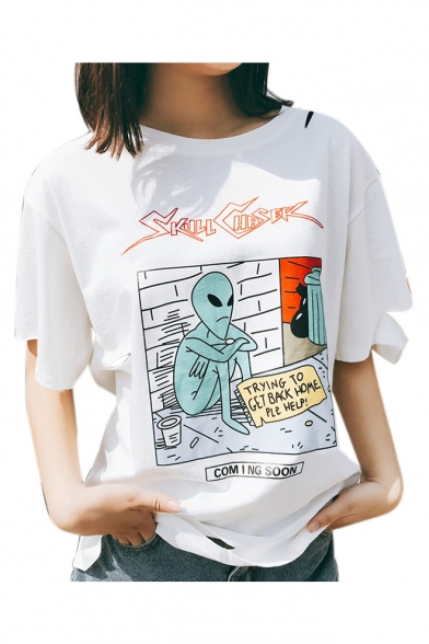 Cut Out Detail Letter Alien Printed Round Neck Short Sleeve Tee