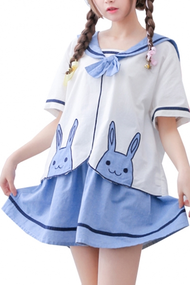 Cute Color Block Navy Collar Rabbit Embroidered Tee with Mini Contrast Striped Skirt Co-ords