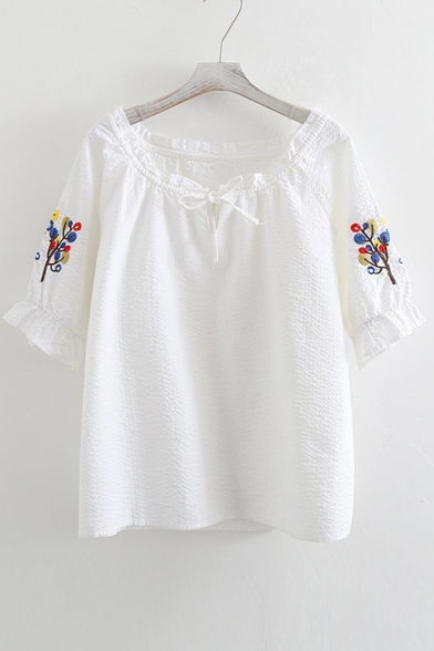 Cute Floral Embroidered Round Neck Short Sleeve Blouse