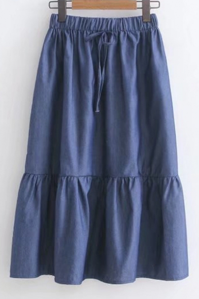 Drawstring Waist Plain Denim Midi A-Line Skirt