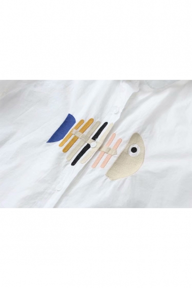 Fish Bone Embroidered Lapel Collar Buttons Down Short Sleeve Shirt