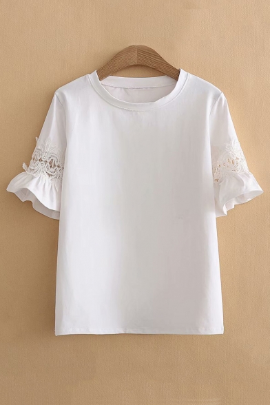 Floral Lace Insert Short Sleeve Round Neck Leisure Tee