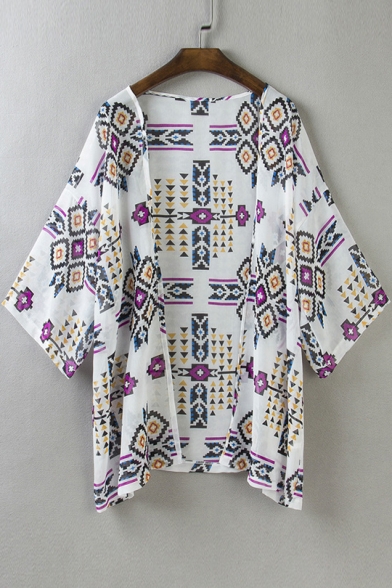 Geometric Printed Collarless 3/4 Length Sleeve Kimono