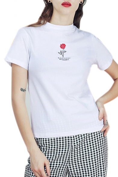 Rose Letter Embroidered Round Neck Short Sleeve Tee