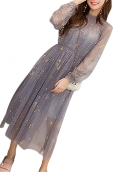 Two Pieces High Neck Star Embroidered Mesh Long Sleeve Maxi A-Line Dress