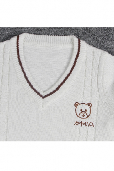Bear Japanese Embroidered V Neck Long Sleeve Sweater