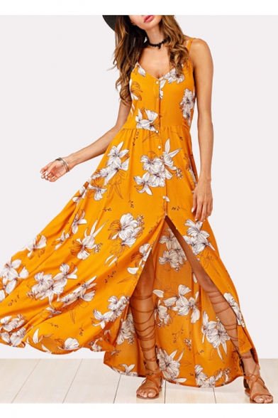 Buttons Down Floral Printed Spaghetti Straps Sleeveless Maxi A-Line Dress