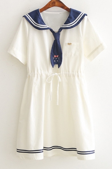 Cat Embroidered Tie Contrast Navy Collar Short Sleeve Mini A-Line Dress