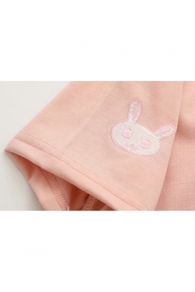 Ears Embellished Hood Rabbit Embroidered Short Sleeve Hooded Tee