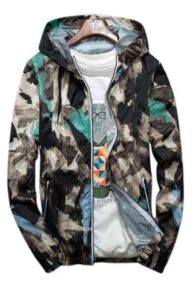 

Fashionable Graffiti Printed Long Sleeve Zip Up Hooded Coat, Blue;green;red;yellow