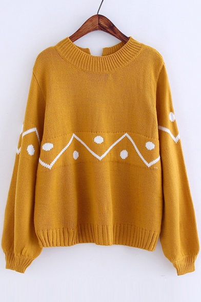 Geometric Printed Round Neck Long Sleeve Lace Up Back Sweater