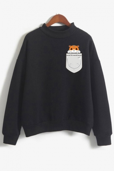 Hamsters Pocket Printed High Neck Long Sleeve Sweatshirt