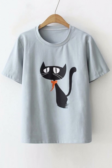 Leisure Loose Cat Printed Round Neck Short Sleeve Tee