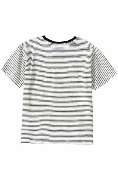 Lovely Embroidered Round Neck Short Sleeve Striped Tee