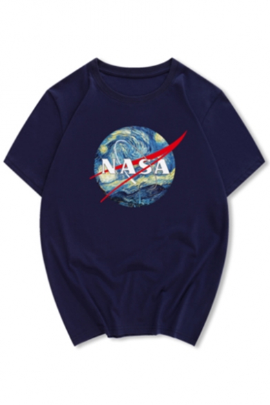 Painting NASA Letter Printed Round Neck Short Sleeve Tee