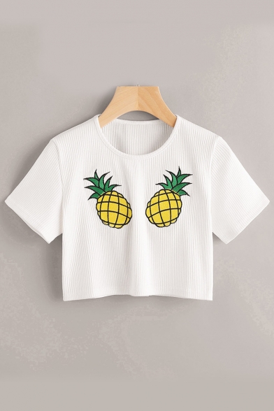 Pineapple Embroidered Round Neck Short Sleeve Ribbed Crop Tee