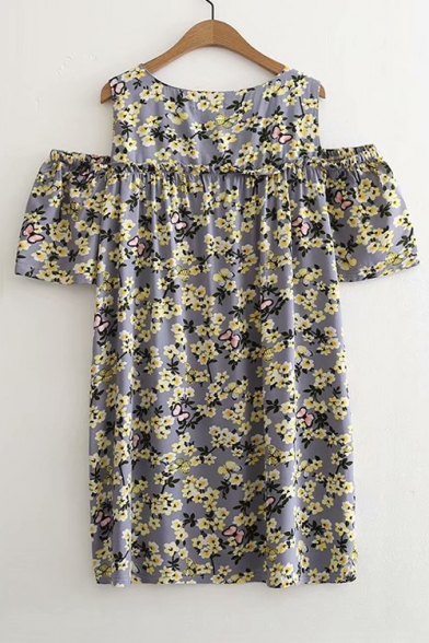 Round Neck Floral Printed Cold Shoulder Short Sleeve Mini A-Line Dress