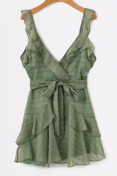 Ruffle Detail V Neck Sleeveless Plain Tied Waist Mini A-Line Dress