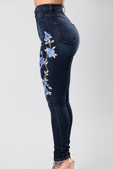 Skinny Floral Embroidered Zipper Fly High Waist Jeans