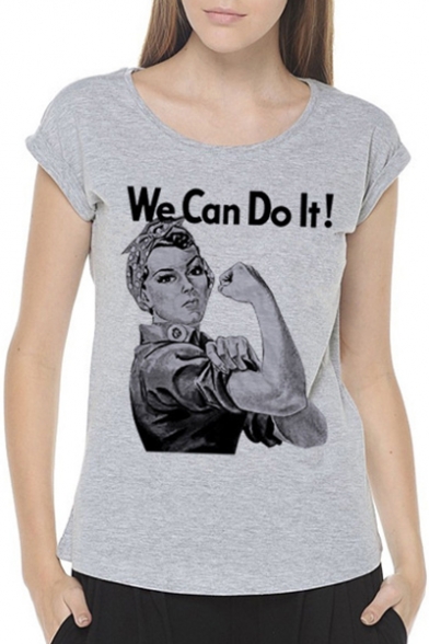 WE CAN DO IT Letter Character Printed Round Neck Short Sleeve Tee